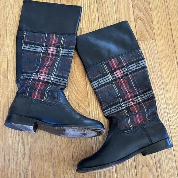 COACH CHRISSI SIGNATURE BLACK Leather Plaid Knee High Riding Boots Sz 7 - Picture 12 of 12